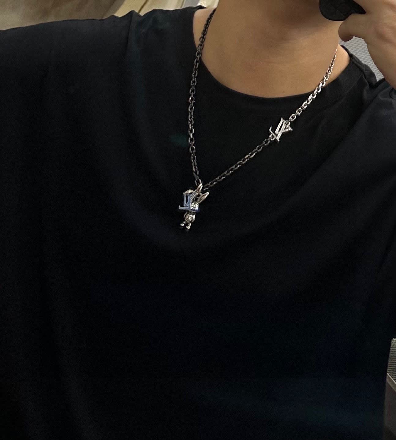 Louis Vuitton Silver Chain Necklace with LV Logo and Bunny Charm
